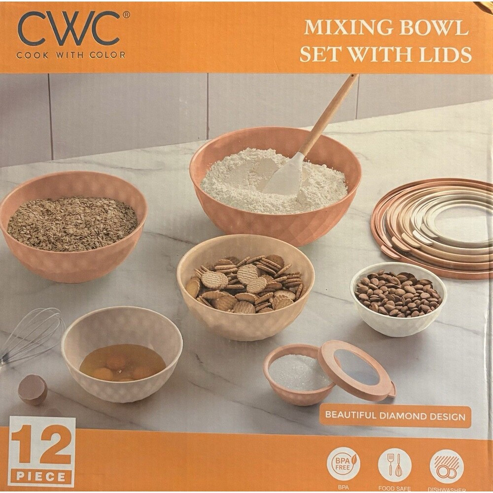 CWC 12 Piece Mixing Bowl Set Diamond Pattern Orange White With Lids